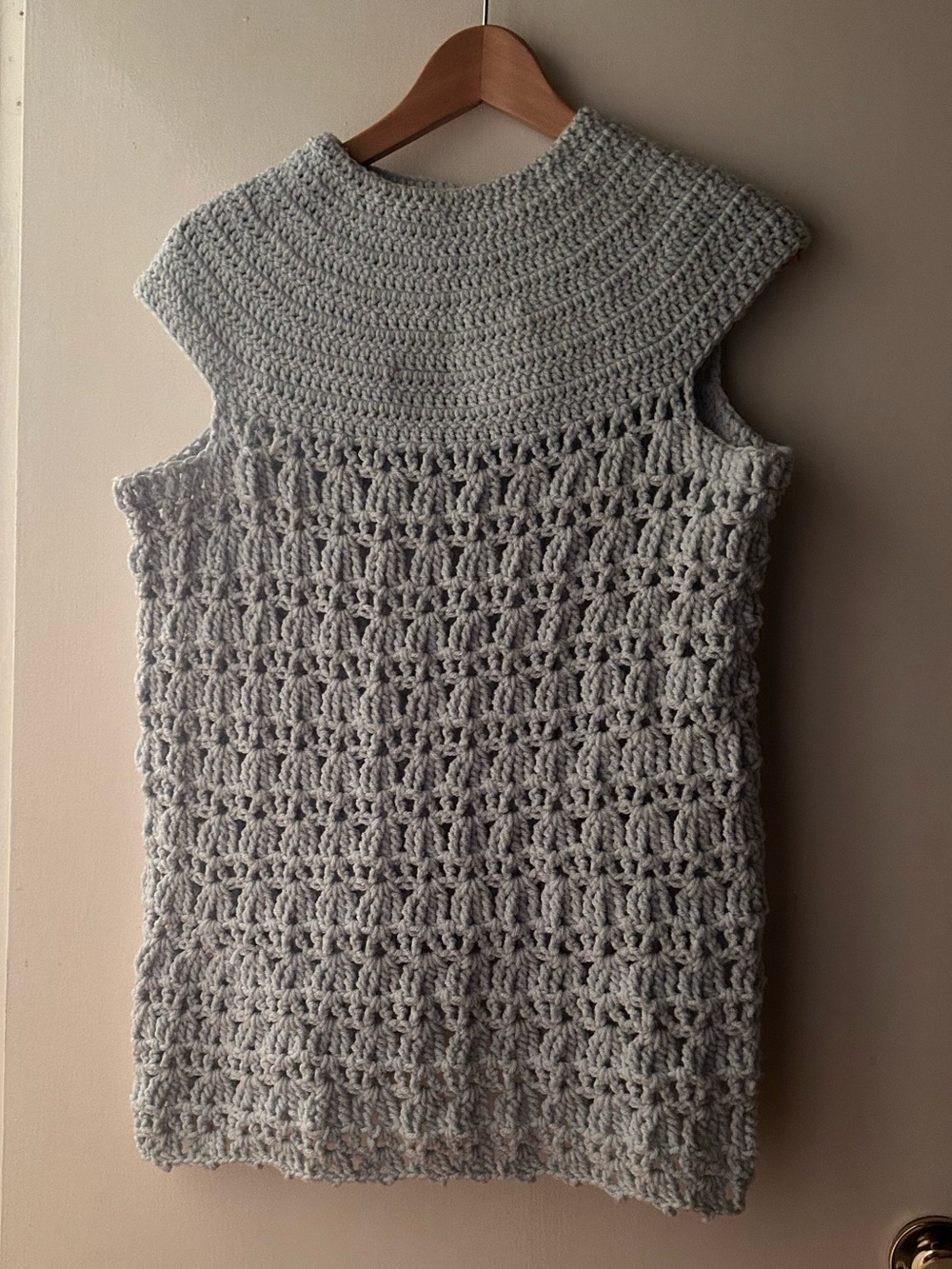 Handmade light dusty blue crochet 60s mini shift dress